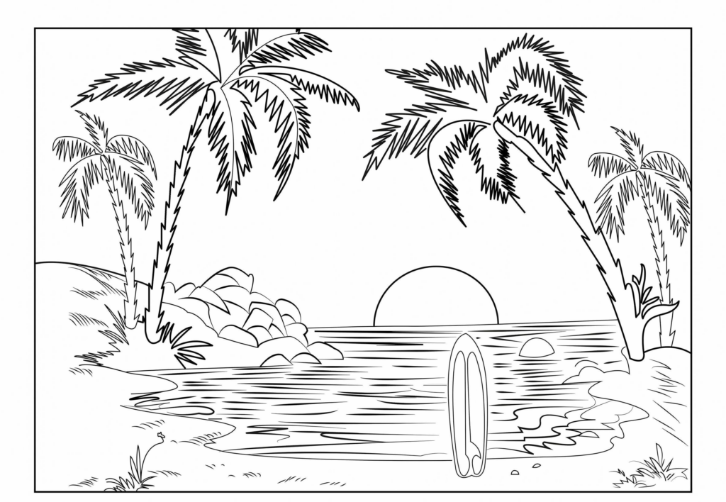 Sonnenuntergang am Strand mit Palmen
